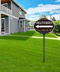 Left Arrow Package Delivery Sign For Front Yard With 19 Inch Adjustable Metal Stake, visible in green lawn by house.