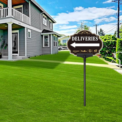 Left Arrow Package Delivery Sign For Front Yard With 19 Inch Adjustable Metal Stake, visible in green lawn by house.