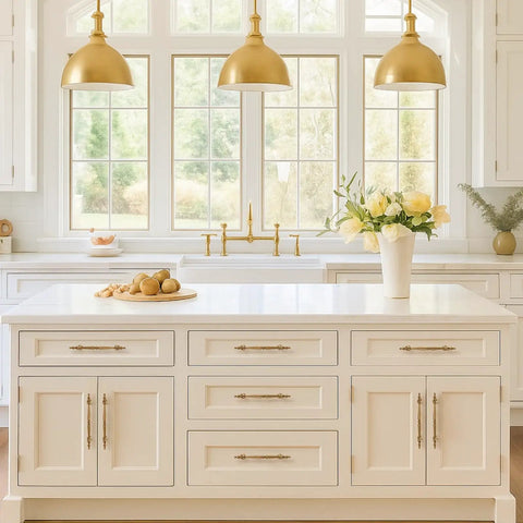 Bright kitchen with antique brass cabinet pulls set of 10 with five inch hole center on white drawers, bronze pendant lights.