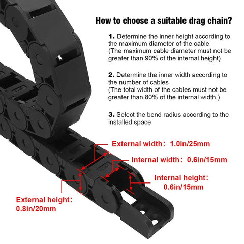 15x15mm Semi Enclosed Drag Chain Cable Carrier For CNC Machines - Black Plastic, 1 Meter Length, End Connectors Included