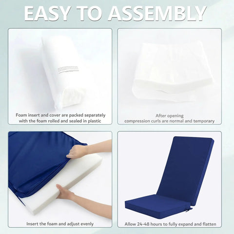 Cozy Outdoor Adirondack Chair Cushions Set Of 4 With Removable Covers Water Repellent Fade Resistant Non Slip Bottom And Securing Straps Navy being assembled with foam insert.