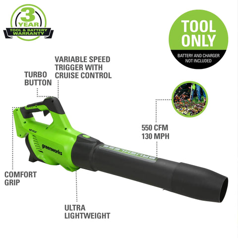 40V Cordless Brushless Axial Leaf Blower Beasts Debris With 130 MPH Airspeed And 550 CFM Quiet Torque Boost Tool Only shown with labeled features