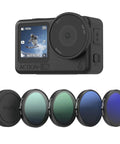 All In One ND Filter Kit For DJI Osmo Action 6 With Five Pack Including CPL ND8 ND16 ND32 Snap On Polarizing Filters And Lens Silicone Cover HD Optical Glass Multi Coated displayed next to the camera.