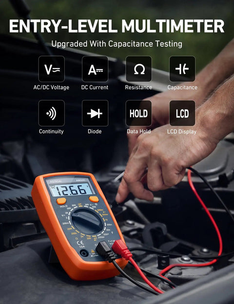 Orange Digital Multimeter With Capacitance Measurement And 2000 Counts For DC AC Voltage, Current, Resistance, Continuity And Diode Testing, Range 200nF To 2000μF, Handy Ohm Meter For Home And DIY Electronics, shown with probes testing a car battery