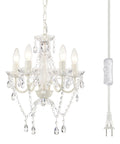 Plug In Four Light White Acrylic Crystal Chandelier With 20 Ft Cord No Hardwire Dope Modern Ceiling Pendant For Dining Room Kitchen Bedroom Nursery Bathroom And Small Spaces, showing chandelier with crystals and plug cord.