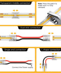 20 Pack Dope COB LED Connector 0.31in 8mm 2 Pin Transparent, 6.6ft 20AWG Extension Wires For Gapless Solderless PWM Single-Color LED Strip, Easy Press-Fit, Clear Housing, Stable Contact, Ideal For Accent Lighting. Transparent 8mm COB LED connector showing gapless strip joins