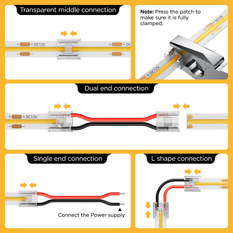 20 Pack Dope COB LED Connector 0.31in 8mm 2 Pin Transparent, 6.6ft 20AWG Extension Wires For Gapless Solderless PWM Single-Color LED Strip, Easy Press-Fit, Clear Housing, Stable Contact, Ideal For Accent Lighting. Transparent 8mm COB LED connector showing gapless strip joins