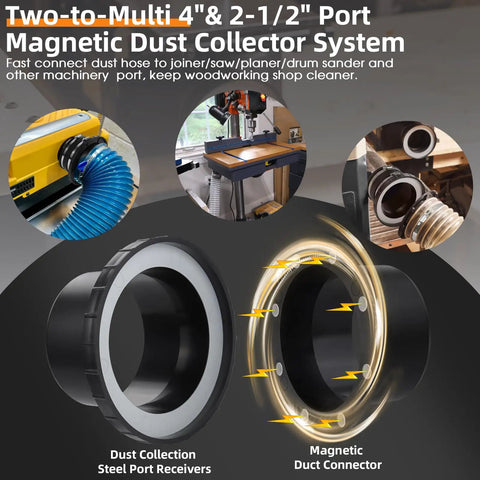 Quick Snap Magnetic Dust Collection Fittings 4 Inch To 2.5 Inch Adapters with durable connectors for woodworking dust management.