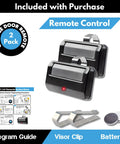 Image of Two Pack 891LM Universal Garage Door Opener Remote Replacement, includes remotes, visor clip, battery, program guide.