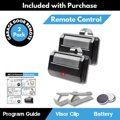 Image of Two Pack 891LM Universal Garage Door Opener Remote Replacement, includes remotes, visor clip, battery, program guide.