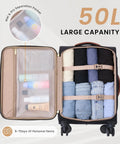Open interior of Your Go To Carry On That Fits Overhead Bins 22x14x9 Inches Water Resistant Softside Spinner With TSA Lock And 3 Pouches, showcasing organized packing space with clothing and toiletries.