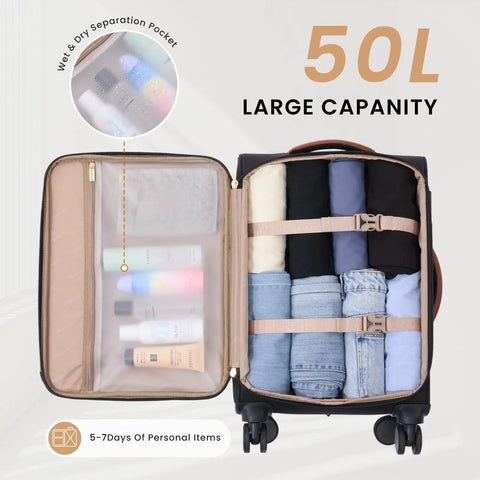 Open interior of Your Go To Carry On That Fits Overhead Bins 22x14x9 Inches Water Resistant Softside Spinner With TSA Lock And 3 Pouches, showcasing organized packing space with clothing and toiletries.