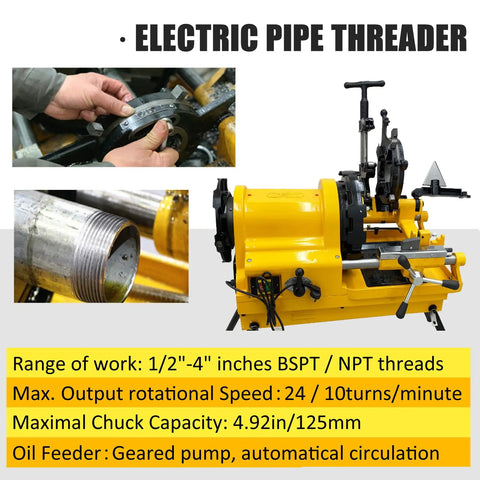 Pro Grade Electric Pipe Threader Machine For Half Through Four Inch Bspt And Npt Threads With 220v Heavy Duty Specs showing user adjusting fittings.
