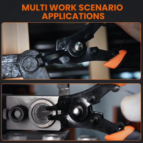 4 In 1 Snap Ring Pliers Set With Interchangeable Jaw Heads for Internal and External Clips in use, showing multi work scenario applications