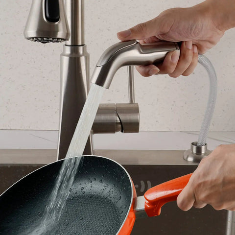 Brushed Nickel Kitchen Sink Sprayer Attachment With Ergonomic Pull-Out Head rinsing pan