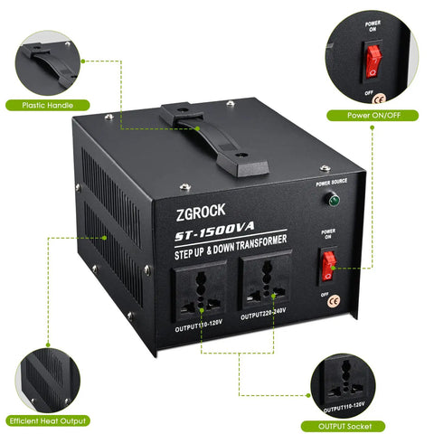 Heavy Duty 1500W Voltage Converter Transformer For 110V To 220V And 220V To 110V With Dual Circuit Breaker Protection, 1 110V Outlet And 1 Universal 220V Outlet, Built To Last