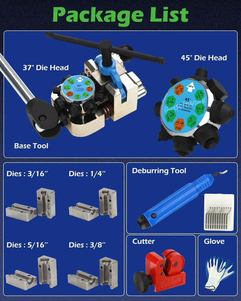 Pro Grade Brake Line Flare Tool Kit With Dual 45 And 37 Degree Flare, Single Bubble And Double Flare Options, package contents view