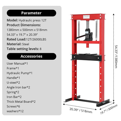 Top Shelf 12 Ton Hydraulic H Frame Shop Press With Included Press Plates And Adjustable Base Built Like A Tank For Auto Repair, Steel, 54.33" x 19.7" x 20.39".