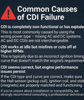 Text explaining common causes of CDI failure with warnings and troubleshooting tips for ignition system compatibility.