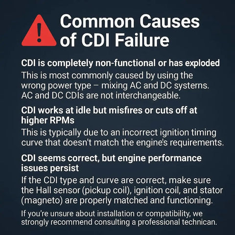 Infographic titled 'Common Causes of CDI Failure' with three main issues listed: non-functional CDI, misfiring at RPMs, and performance issues.