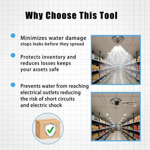 Emergency Fire Sprinkler Shut Off Tool Halts Leaks Instantly Saves Your Spot From Flood Damage slides on sprinkler heads in store aisle.
