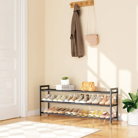 Expandable Shoe Rack With Adjustable Width From 18.5 To 48 Inches, 3 Tier Metal Shoe Organizer for entryway, holds shoes