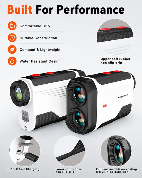 Go-To Golf Rangefinder With Slope 1500 Yard Laser Rangefinder With Flag Lock Vibration USB-C charging dual lenses and grip.