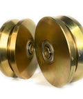 Heavy Duty 6 Inch V Groove Sliding Gate Rollers With Double Ball Bearings, two steel wheels with smooth finish.