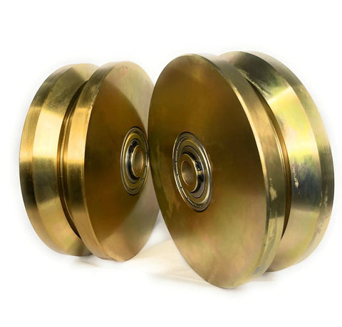 Heavy Duty 6 Inch V Groove Sliding Gate Rollers With Double Ball Bearings, two steel wheels with smooth finish.