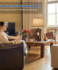 Living room scene with 2 Light Farmhouse Rustic Touch Table Lamps Set Of 2 With Gray Shades, woman using USB ports