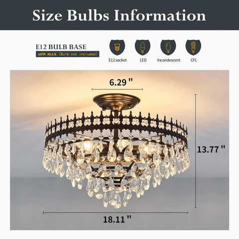 5-Light Modern Crystal Chandeliers Dope Matte Black Semi-Flush Mount Ceiling Light Fixture with size diagram and bulb info