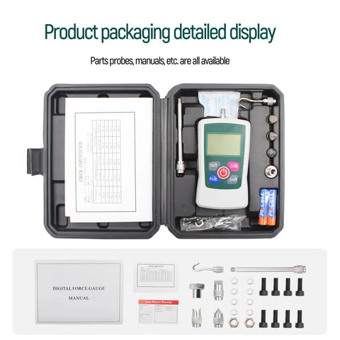 Digital Pro Grade Force Gauge Push and Pull Tester 500N Max With Four Units N Kg Lb Oz Auto Backlight And Buzzer Alarm 1 Percent Accuracy Real Time Peak First Peak Modes Built For Real World Use in case with accessories