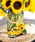 Farmhouse Sunflower Truck Decor Set of Two featuring yellow metal diecast pickup with mini sunflower bouquet on wooden tray