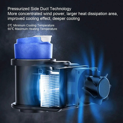 12 Volt Car Cup Holder With Digital LCD Screen, Smart Dual Temp Beverage Chiller And Warmer, showing pressurized duct and cooling features.
