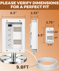 In Wall Cable Management Kit With Recessed Outlet Box And Four Power Ports dimensions with power cord and AC outlets for home theater setup.