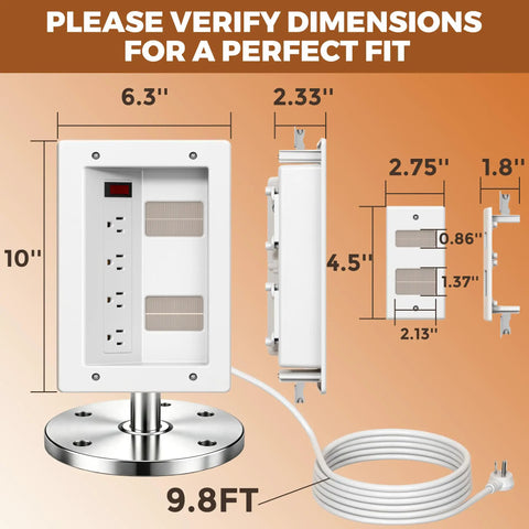 In Wall Cable Management Kit With Recessed Outlet Box And Four Power Ports dimensions with power cord and AC outlets for home theater setup.