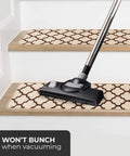 Vacuuming over Set Of Attachable Indoor Carpet Stair Treads Moroccan Trellis Lattice Vanilla Cream And Coffee Brown 8 By 26 Inch Non Slip Grip