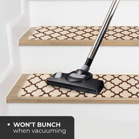 Vacuuming over Set Of Attachable Indoor Carpet Stair Treads Moroccan Trellis Lattice Vanilla Cream And Coffee Brown 8 By 26 Inch Non Slip Grip