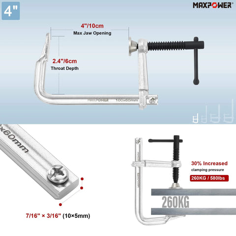 4 inch F clamp with 2.4 inch throat depth and 580 lbs capacity, part of the Light Duty F Clamp Set With 4In, 8In, 8In, And 12In Jaw Openings.