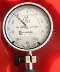 Front view of LLDSIMEX dial bore gauge with white dial, 0.7–1.5 in range, 0.0005 in graduations