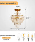 Crystal Gold Chandelier Ceiling Light With E12 Base, Modern Semi Flush Mount Fixture, dimensions 15.35" x 20.07" shown