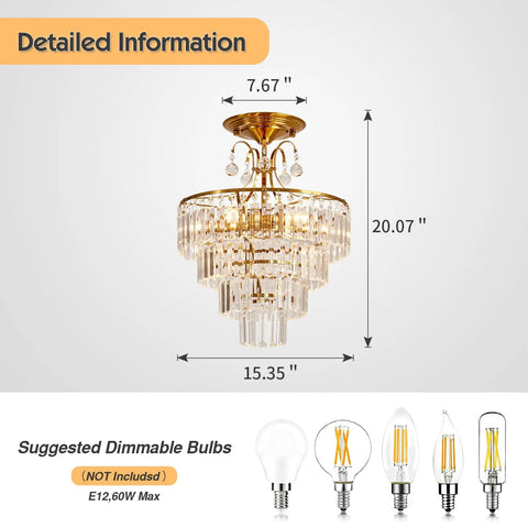 Crystal Gold Chandelier Ceiling Light With E12 Base, Modern Semi Flush Mount Fixture, dimensions 15.35" x 20.07" shown
