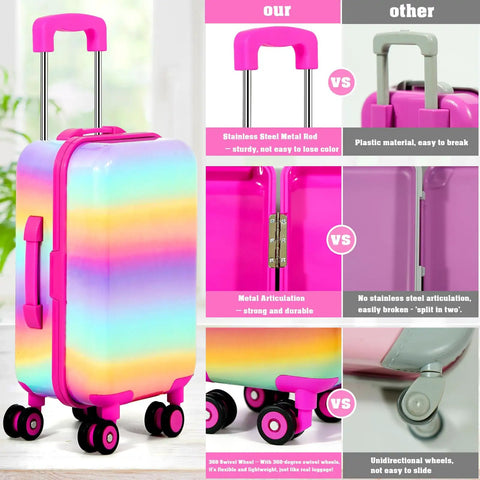 18 Inch Doll Travel Play Set With Luggage Case Clothes Shoes Bag Sunglasses Camera Passport Notebook Phone And More Accessories featuring colorful suitcase with durable stainless steel rod and 360 wheels