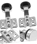 Two Pack Soft Close Cabinet Hinges With Hydraulic Damping For Frameless Cabinets Self Closing Mechanism For Kitchen Doors DIY Friendly Install Quiet And Versatile For Cabinets And Furniture By IMIKEYA, close-up of metal hinges with screws and hydraulic damping.