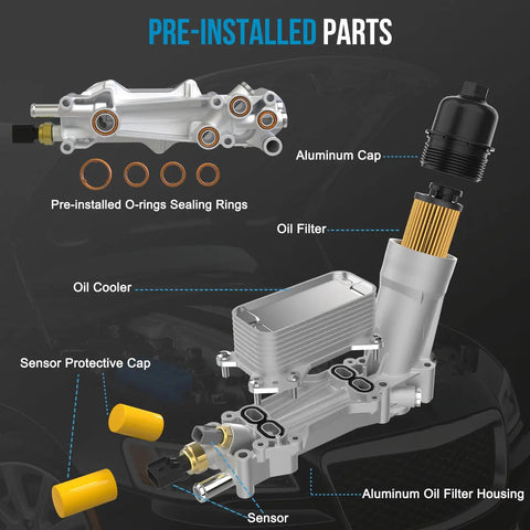 Beefed Up Aluminum Engine Oil Cooler And Oil Filter Housing Adapter for 3.6L V6 Vehicles showing pre-installed parts like oil cooler and filter