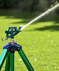 Heavy Duty Lawn Sprinkler On Tripod Base With 360 Degree Coverage Reaches 45 Feet At 80 PSI Flow Height Adjustable Extension Legs