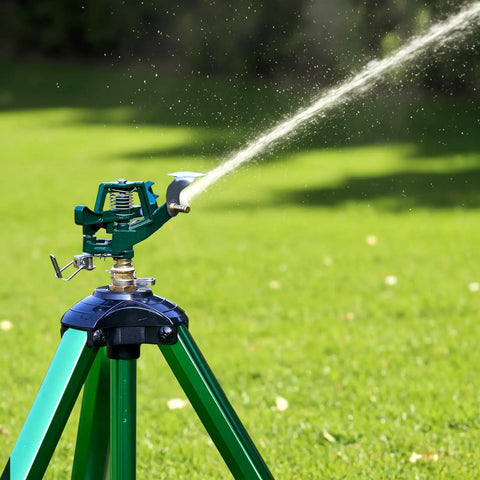 Heavy Duty Lawn Sprinkler On Tripod Base With 360 Degree Coverage Reaches 45 Feet At 80 PSI Flow Height Adjustable Extension Legs