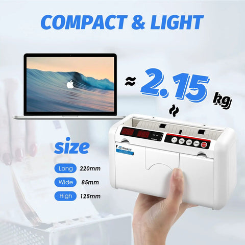 Hand holding Portable Battery Operated Bill Counter With UV And MG Detection, 800 Bills Per Minute; lightweight device displayed