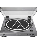 Audio-Technica at-LPGO-BT belt-drive turntable, gun-metal/black with clear lid (front view)