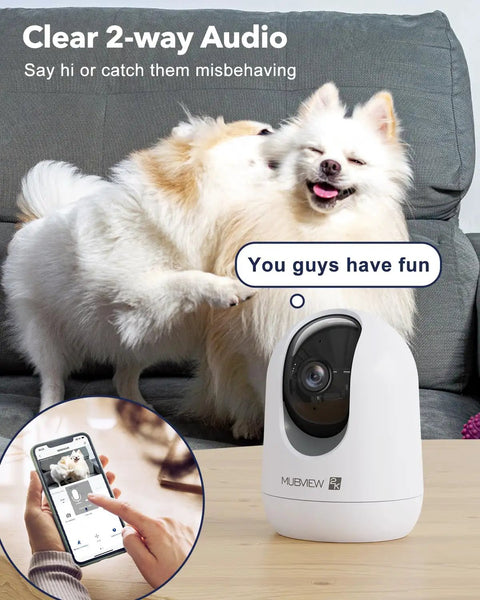 2K Indoor Security Camera With Pet And Baby Monitor All Day All Night Home Surveillance Pan Tilt 2 Way Talk Motion Tracking Human Detection Cloud Storage Dual Band WiFi 5GHz And TwoPointFourGHz Phone App Control on shelf near playing dogs